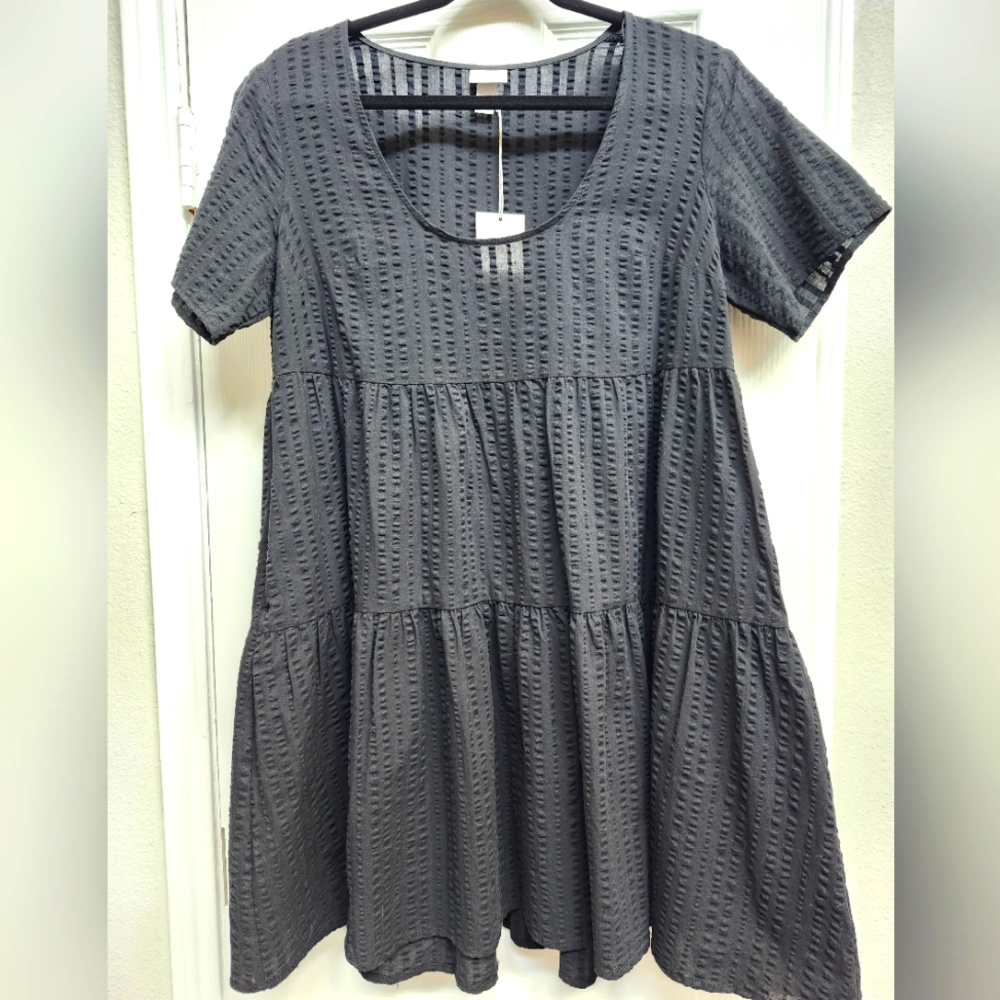 NWT A New Day Black Black Seersucker Tiered Swing/Babydoll Dress, Size XS (S/M)